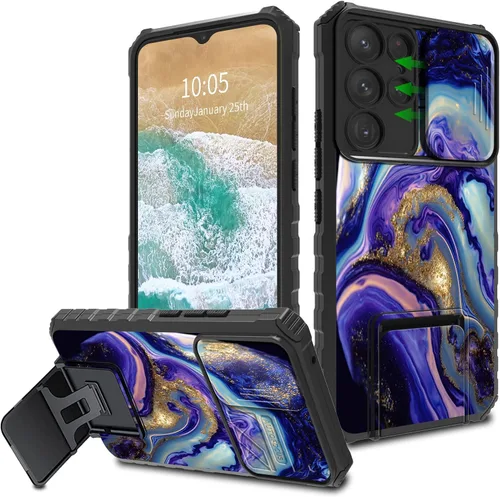 Vista 8 de FUYOCWE Funda para Samsung Galaxy S22 Ultra con cubierta para cámara deslizante, resistente Defender Kickstand Protector de lente de cámara Funda