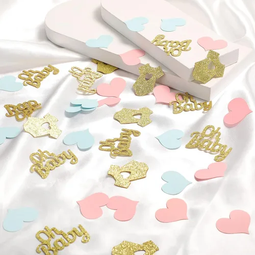Vista 3 de Sumind 240 piezas de confeti de revelación de género, decoraciones de mesa Formas de ropa de texto con forma de corazón de papel con purpurina azul
