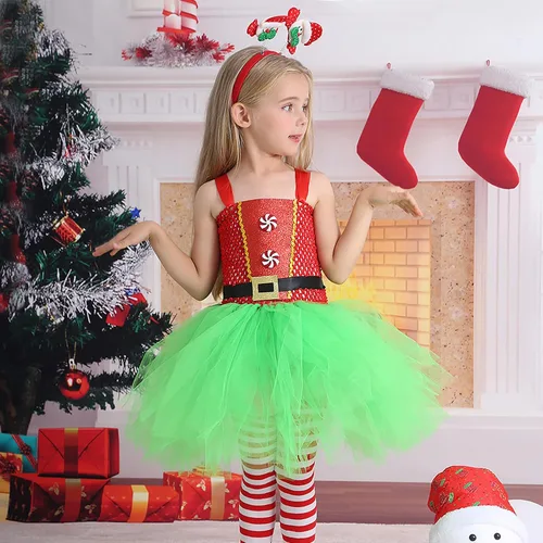 Vista 3 de BBAUER Cute Puffy Tulle Xmass Outfit,Christmas Girls Santa Costume with Hairband and Sock, Tutu Santa Costume Cosplay Outfit