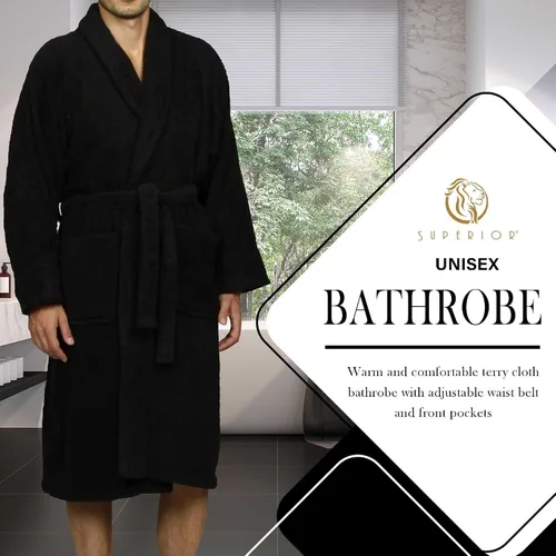 Vista 4 de Bata de rizo unisex de algodón, batas suaves y absorbentes para hombres y mujeres, accesorios de baño Negro