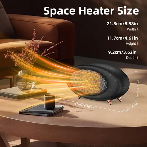 Vista 6 de Calentador de escritorio de 600W, pequeño calentador de espacio con protección contra sobrecalentamiento y caídas, calentamiento rápido en cerámica