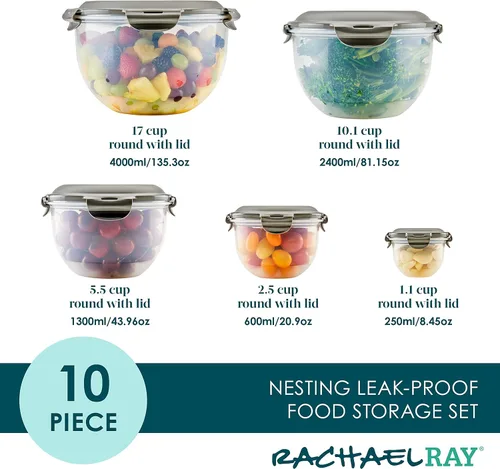 Vista 2 de Rachael Ray Juego de contenedores de almacenamiento de alimentos a prueba de fugas, 10 piezas, transparentes con tapas grises Transparente con tapas