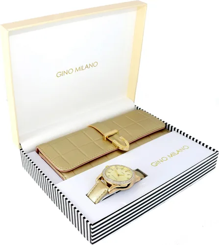 Vista 2 de Reloj de pulsera de cuero dorado para mujer y cartera de tres pliegues a juego