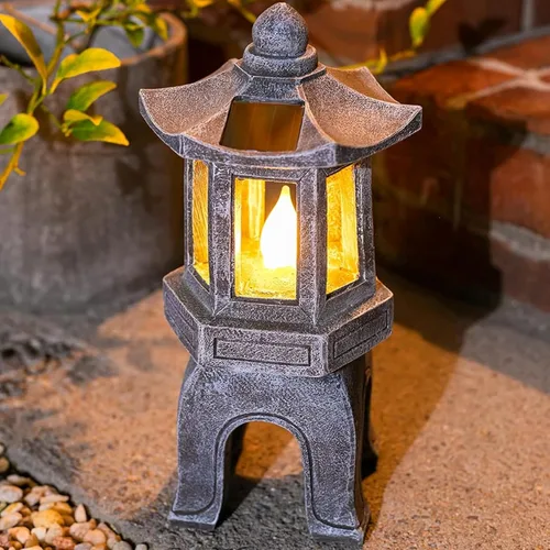 Vista 7 de VP Home Estatua asiática alimentada por energía solar, decoración de jardín de pagoda, linterna de jardín zen al aire libre, luz LED parpadeante