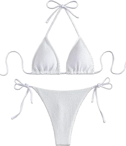 Vista 3 de OYOANGLE Conjunto de bikini de 2 piezas para mujer, con anillo de diamantes de imitación, con cuello halter, triángulo, lazo lateral
