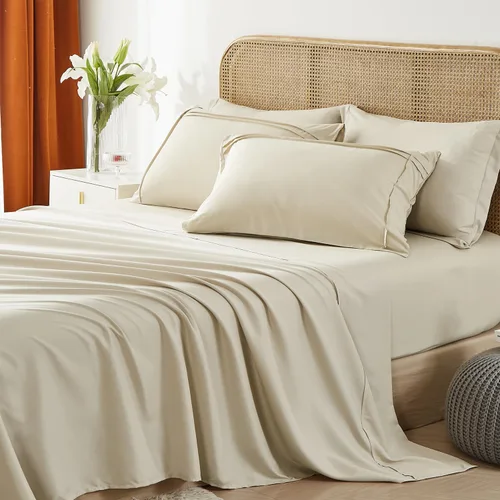 Vista 4 de Yogeneg Juego de edredón tamaño Twin de 5 piezas en una bolsa, juego de ropa de cama Twin con diseño de cuadrícula y pliegues beige, juego