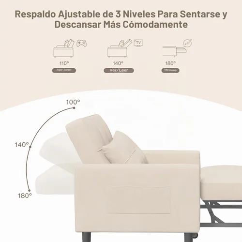 Vista 5 de Aiho - Sofá cama convertible 3 en 1 con diseño ajustable, color beige Respaldo ajustable con cama extraíble, almohada y bolsillo de almacenamiento