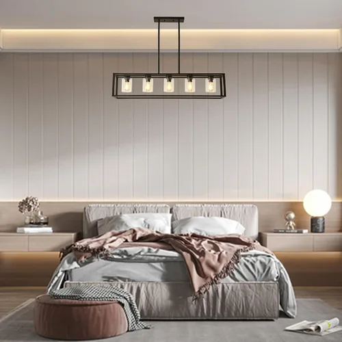Vista 7 de Lámpara de comedor estilo granja para isla de cocina, lámpara colgante rectangular negra, lámpara moderna de comedor, lámparas colgantes