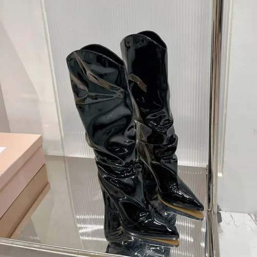 Vista 16 de Vertundy Botas altas hasta la rodilla metálicas con punta puntiaguda para mujer, botas altas de tacón alto de charol plisadas, botas largas plisadas