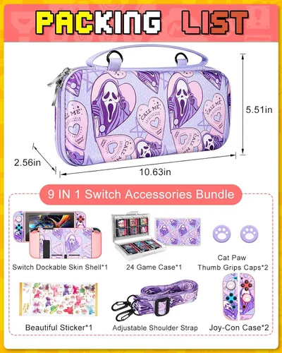 Vista 3 de Xinocy for Nintendo Switch 9 in 1 Storage Accessories Kit with Travel Carrying Case+Switch Protective Cover+Game Case Holder+Strap+Sticker+2 Joycon