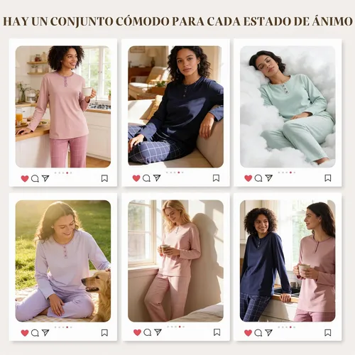 Vista 2 de U2SKIIN Pijama 100% algodón para mujer, conjunto de 2 piezas, suave, de Cuadros rosa claro/rosa claro
