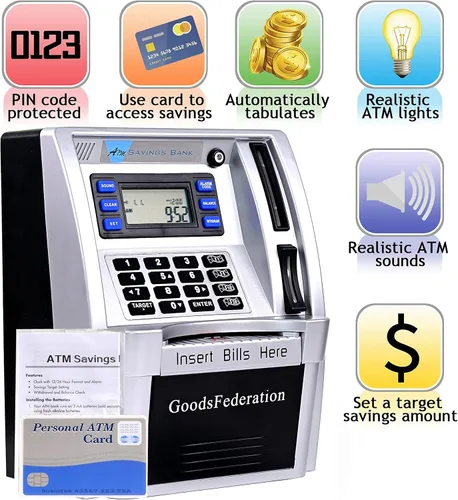 Vista 2 de Alcancía estilo cajero automático para dinero real para niños y adultos, alcancía de juguete con tarjeta, contraseña, reconocimiento de monedas