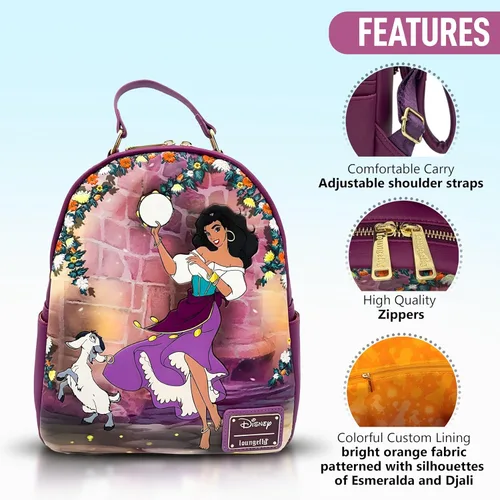 Vista 7 de Loungefly Disney Hunchback of Notre Dame Esmeralda - Mini bolso de hombro con doble correa, grabado con flores bordadas, Púrpura, Bolso de hombro