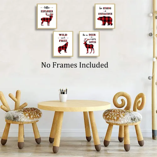 Vista 3 de TANXM 4 piezas de arte de pared de bosque a cuadros rojos y negros, impresiones de citas de aventuras salvajes con ciervo, oso lobo, decoración