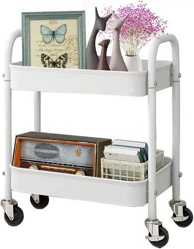 Vista 8 de Melody House Carrito de almacenamiento rodante de 2 niveles totalmente metálico con asa y ruedas con bloqueo - Organizador para cocina, lavandería