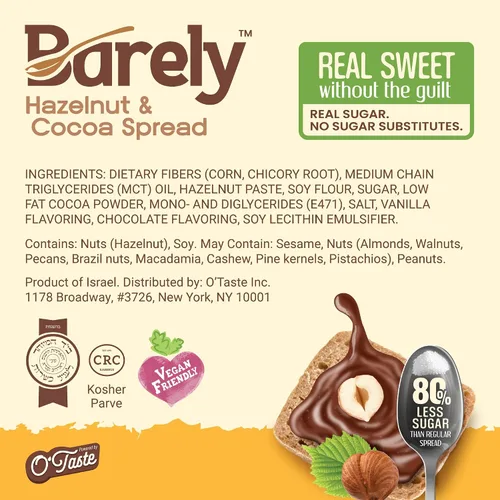 Vista 3 de Barely Crema de cacao con avellana, bajo en azúcar, vegano y keto Real sugar micromilled 10x sweeter — just 3.2g sugar per serving. Vegan