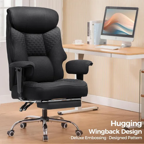 Vista 4 de GTRACING Silla de oficina grande y alta de 400LBS, ergonómica, de tela, diseño de lujo con relieve, silla para juegos con reposapiés, apoyabrazos