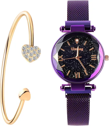 Vista 8 de Reloj de pulsera de cuarzo de lujo con esfera de cielo estrellado para mujer, reloj de malla magnética y pulsera