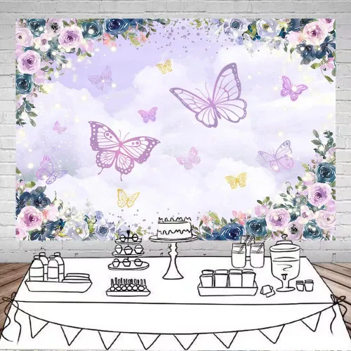 Vista 2 de Mocsicka Fondo de mariposa violeta - Fondo de decoración de fiesta de niña floral púrpura - Boda, cumpleaños, baby shower - 6 x 4 pies