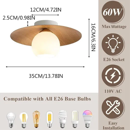 Vista 7 de Lámpara de techo minimalista moderna de globo de vidrio blanco redondo con textura de nuez, lámpara de techo semiempotrada con textura de madera