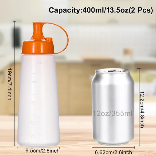 Vista 2 de Botellas exprimibles de condimentos de boca ancha, paquete de 2 botellas exprimibles con tapas de tapa y embudo para salsa de tomate, salsas