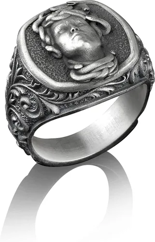 Vista 3 de BySilverStone Jewelry - Anillo de sello Gorgon Medusa, anillo de sello cuadrado de plata de ley, mitología griega, anillos de meñique para mujeres