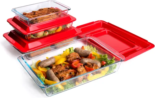 Vista 8 de Juego de 8 bandejas de vidrio templado para hornear con tapas sin bisfenol A. Apto para horno, microondas, refrigerador y lavavajillas, 0.8L, 1.5L