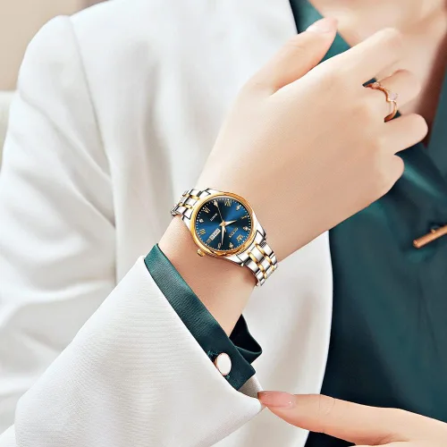 Vista 3 de OLEVS Reloj de acero inoxidable para mujer, estilo vintage, dorado, plateado, de dos tonos, analógico, de cuarzo, casual, impermeable
