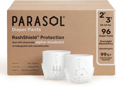 Vista 11 de Parasol Pantalones de pañales desechables sin cloro, talla 4 (2T-3T), 48 unidades, estilo de meter con protección RashShield y envoltura cómoda