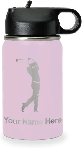 Vista 21 de LaserGram Botella de agua personalizada, golfista de golf, acero inoxidable de doble pared aislada al vacío con popote superior, regalo grabado Negro
