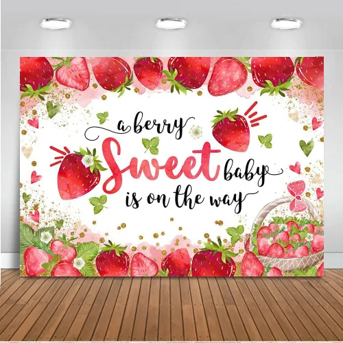 Vista 8 de Mocsicka Telón de fondo de fiesta de baby shower de fresa, 6 x 4 pies, decoración de fiesta de baby shower, con texto en inglés "A Berry Sweet Baby