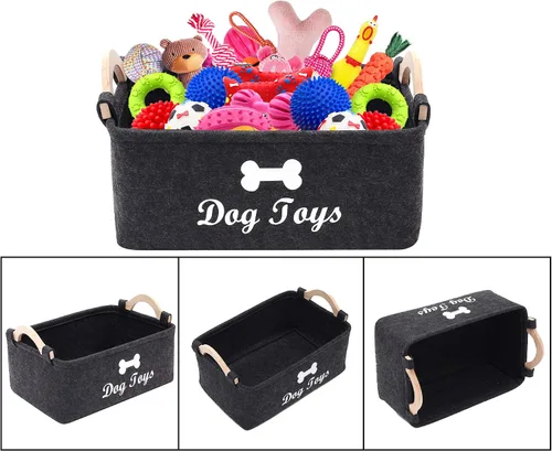 Vista 5 de Geyecete Cesta plegable para juguetes para perros con mango de madera, gran contenedor de almacenamiento de suministros para mascotas gris oscuro