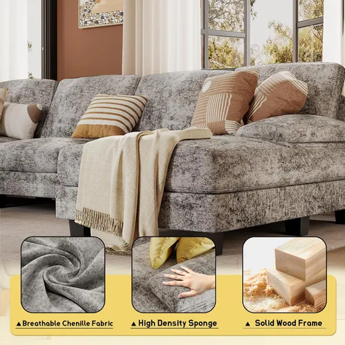 Vista 5 de JUMMICO Sofás Seccionales para Sala de Estar, Sofá en Forma de U con Tela de Chenilla, Sofá Moderno de 4 Asientos con Almohadas Removibles para Gris