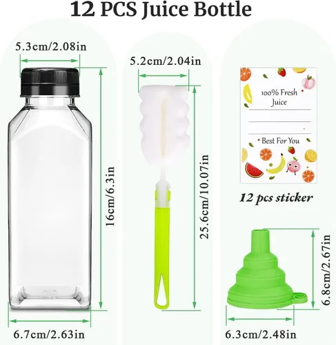 Vista 2 de Botellas de jugo de plástico con tapas 12 piezas - 355 ml Botellas reutilizables con tapas a prueba de manipulación negras - Botellas transparentes