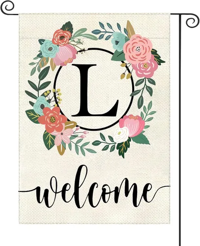 Vista 17 de Bandera de jardín con letra monograma, floral, 12 x 18 pulgadas, doble cara para exterior, pequeña de arpillera, familia, apellido, bandera inicial