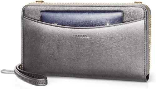 Vista 6 de nuoku Cartera RFID para mujer, bolso cruzado con cremallera alrededor de 2 correas
