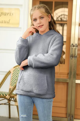 Vista 4 de Haloumoning - Sudadera con capucha de vellón mullido y bolsillos, sudadera holgada y casual para niñas de 4 a 15 años
