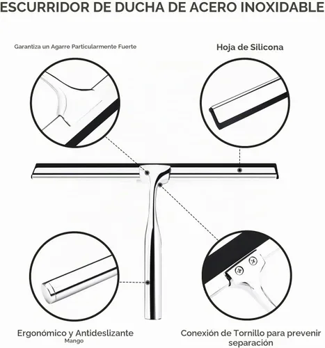 Vista 8 de Escobilla de goma para puerta de cristal de ducha con soporte, hoja de silicona de 10 pulgadas, mango cromado de acero inoxidable, para ventana