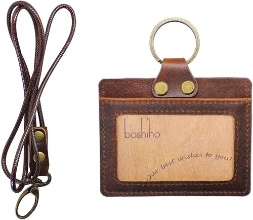Vista 31 de Boshiho. Funda vertical, de piel, para tarjeta de identificación con cordón resistente., Negro