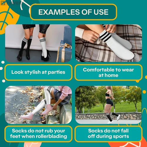 Vista 5 de Calcetines de fútbol para niños, calcetines de fútbol para niños, calcetines de fútbol blancos negros hasta la rodilla para jóvenes y niñas, mejores