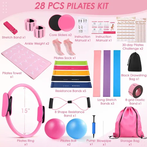Vista 8 de Pilates Equipment,Pilates Kit with 15" Pilates Ring,2 9.8" Ball,Resistance Bands,Ankle Weights, Sliders, Grip Socks, Pilates Towel,30-Day Challenge