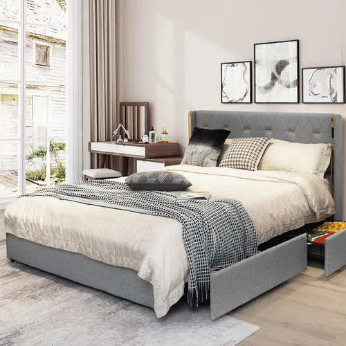 Vista 9 de KOTEK Base de cama tapizada de tamaño matrimonial con 4 cajones, base de cama de plataforma con cabecera copetuda con botones y soporte de listones