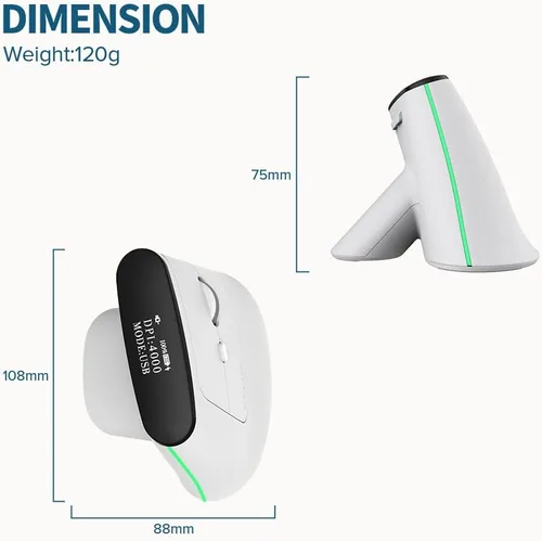 Vista 5 de DeLUX Mouse ergonómico Bluetooth, mouse vertical inalámbrico con pantalla OLED, receptor USB y BT5.0, 4000 DPI, 6 botones, ratones de túnel carpiano