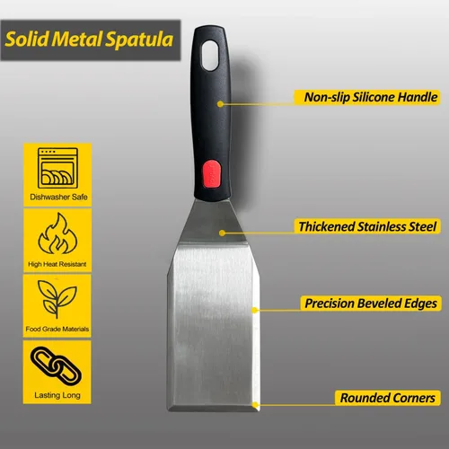 Vista 2 de Espátula de metal profesional para sartenes de hierro fundido y parrillas de parte superior plana, mango de silicona de espiga completa, hoja