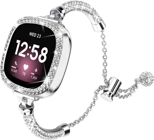 Vista 10 de Correa de reloj brillante compatible con Fitbit Versa 3/Fitbit Sense para mujer, correa ajustable de aleación de cristal con diamantes de imitación