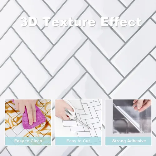 Vista 7 de Azulejo 3D de espiga blanca para salpicaduras de despegar y pegar, 10 hojas de azulejos brillantes para pared de cocina, baño, azulejos