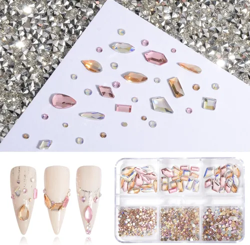 Vista 2 de Diamantes de imitación para uñas, gemas para arte de uñas, cristales rosas Ab, cristales de cristal multiformas, diamantes de imitación de parte