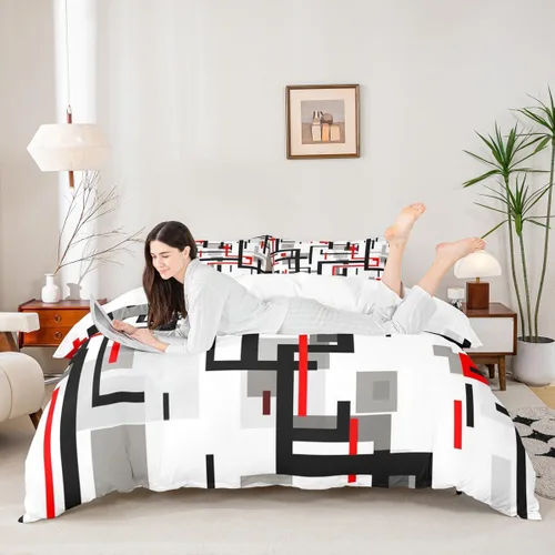 Vista 2 de Juego de ropa de cama de líneas negras, rojas y grises, tamaño individual para habitación de niños y niños, juego de funda de edredón con costuras