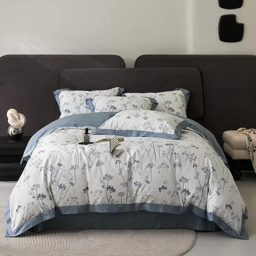 Vista 70 de Juego de funda de edredón blanca con estampado floral azul, juego de ropa de cama de algodón suave estilo bohemio, juego de ropa de cama estética