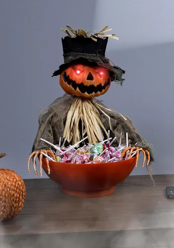 Vista 3 de Fun Costumes Animated Shaking Pumpkin Scarecrow Candy Bowl Decoration, Battery Operated Light-Up Red Eyes Display - Standard